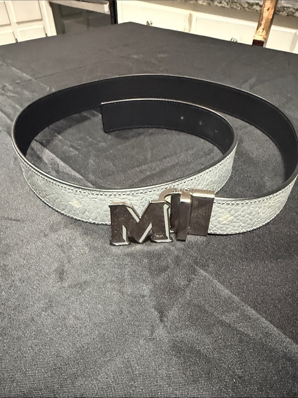 MCM Light Gray Leather Belt with Metallic 'M' Buckle